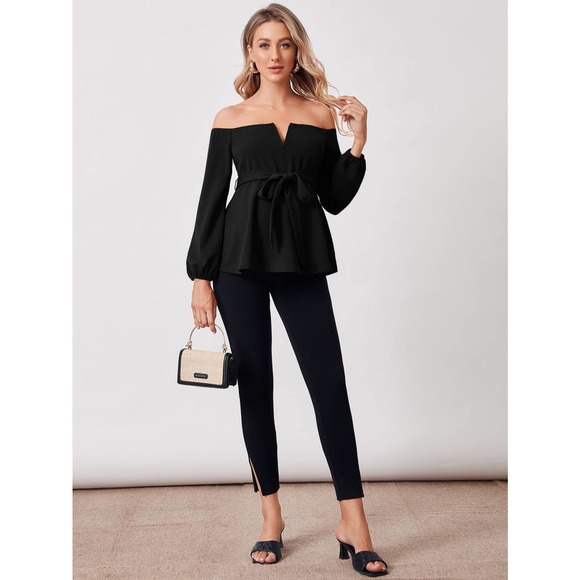 Maternity V Off Shoulder Belted long sleeve Top black - Picture 5 of 8